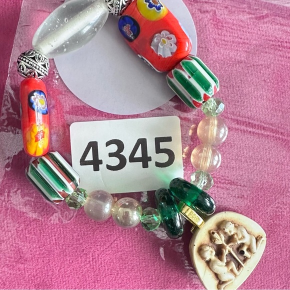 Handmade Beaded Bracelet Glass And Ceramic LOVE Carved Charm Stretch 6.5-7 - Picture 4 of 5